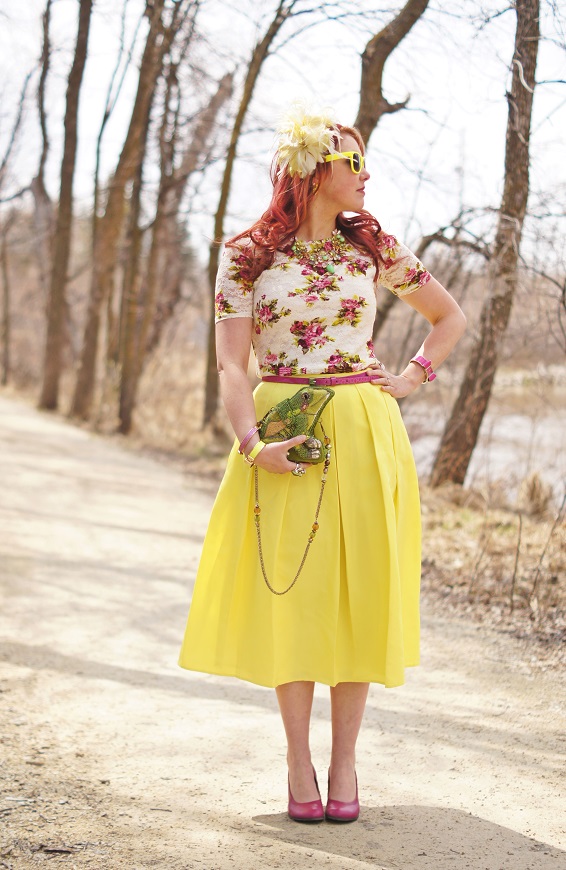 Winnipeg Fashion Blog, Canadian Fashion Blog, Forever 21 lace pink floral sweetheart blouse, 424 Fifth Lord & Taylor citron yellow green midi skirt calf pleated, Mary Frances Green with Envy Flog beaded handmade clutch bag purse, Danier leather pink skinny belt, Jacques Vert citron lime green ivory feather fascinator hat, Natasha green beaded crystal statement necklace, Adia Kibur neon yellow earrings, Isaac Mizrahi pink bow cuff watch, BCBG Max Azria citron gold cuff bangle, Betsey Johnson pink sparkle lip bangle bracelet, Wayne Clark frog crystal ring, John Fluevog pink leather Bellevue Eleanor pumps shoes 